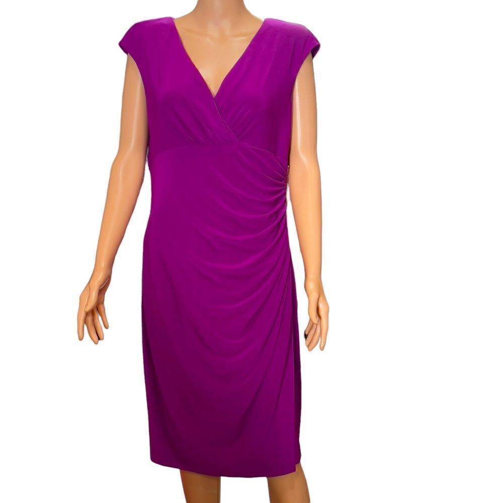 Lauren Ralph Lauren Purple V-Neck Ruched One Side Faux Wrap Dress Size 14
